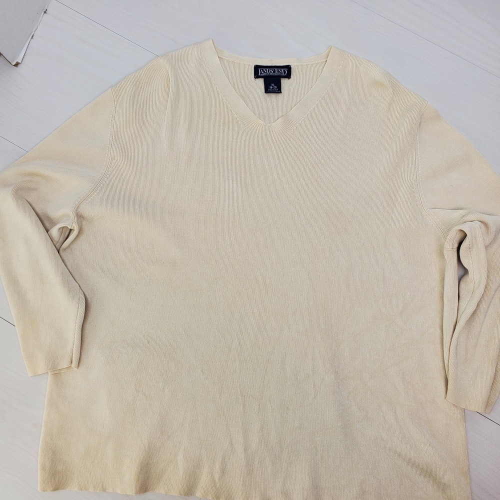 Lands End Womens XL Silk Blend Ribbed V-Neck‎ Sweater Cream Long Sleeve Pullover